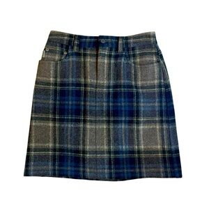 Eddie Bauer Wool Blend Plaid Pencil Skirt Button Zip Brown Blue Size 6 Petite